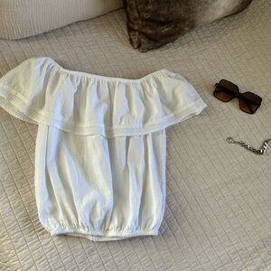 Seaspice resort wear white boho Peru 100% cotton off shoulder crop blouse top M